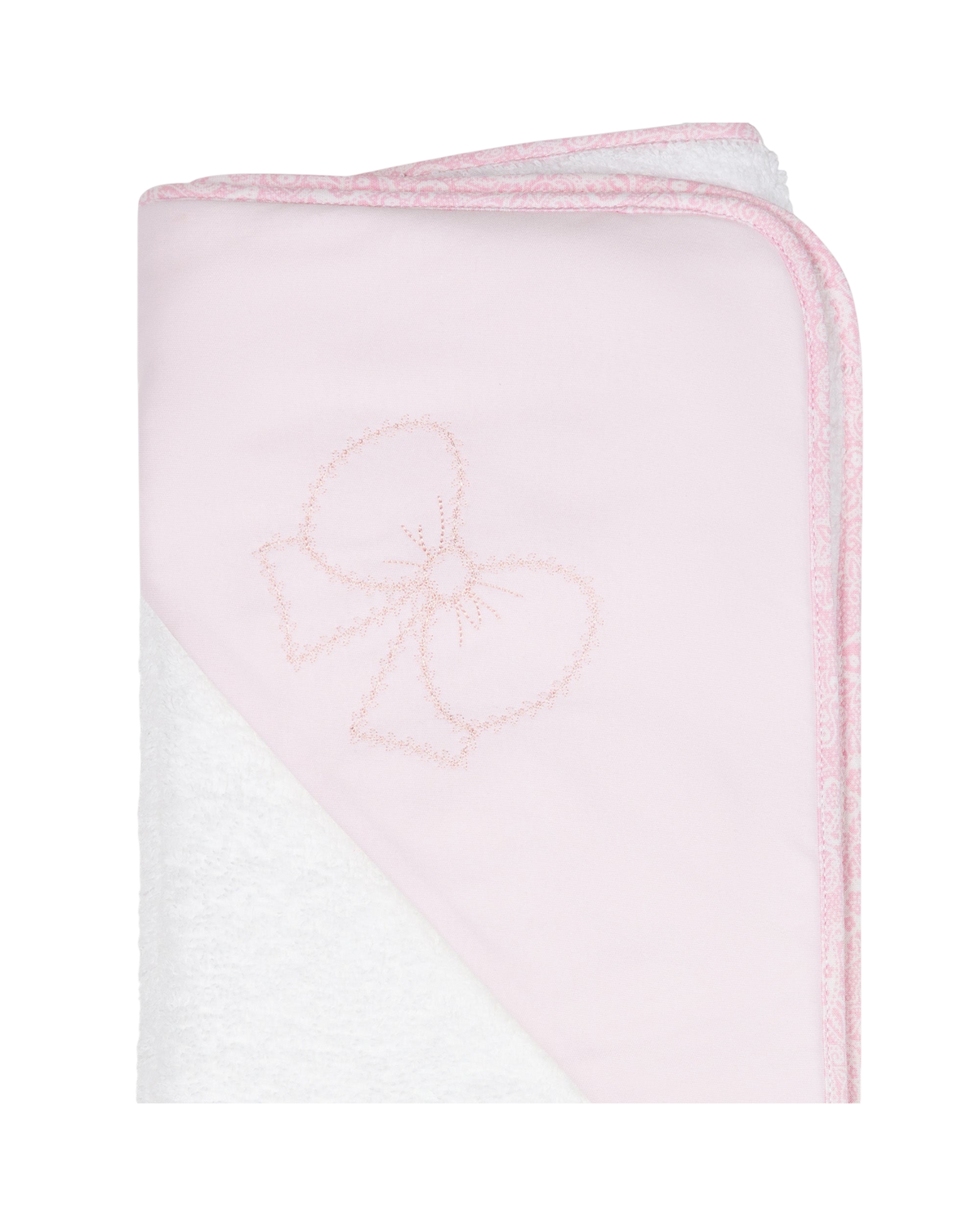LilleLuxus Babygi Pixie Grove hooded baby towel in soft pink cotton terry with a delicate embroidered bow detail.