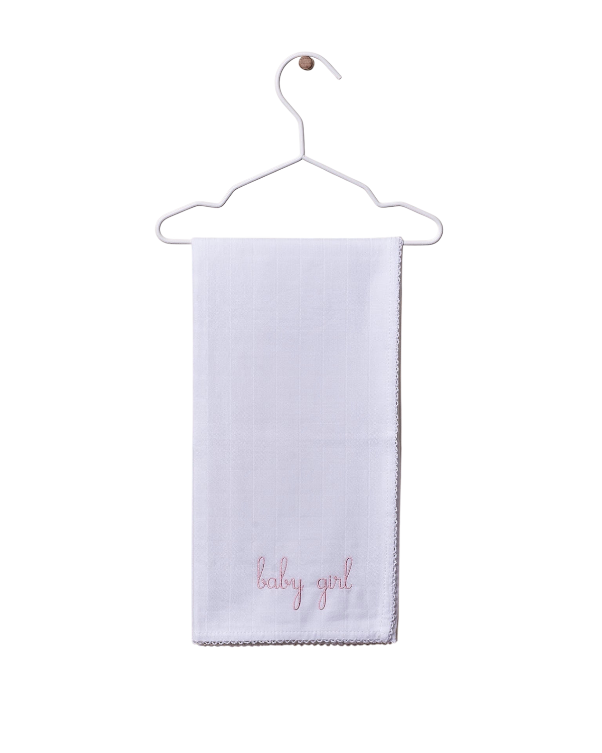 LilleLuxus white cotton baby swaddle with delicate pink embroidered baby girl text and scalloped lace trim