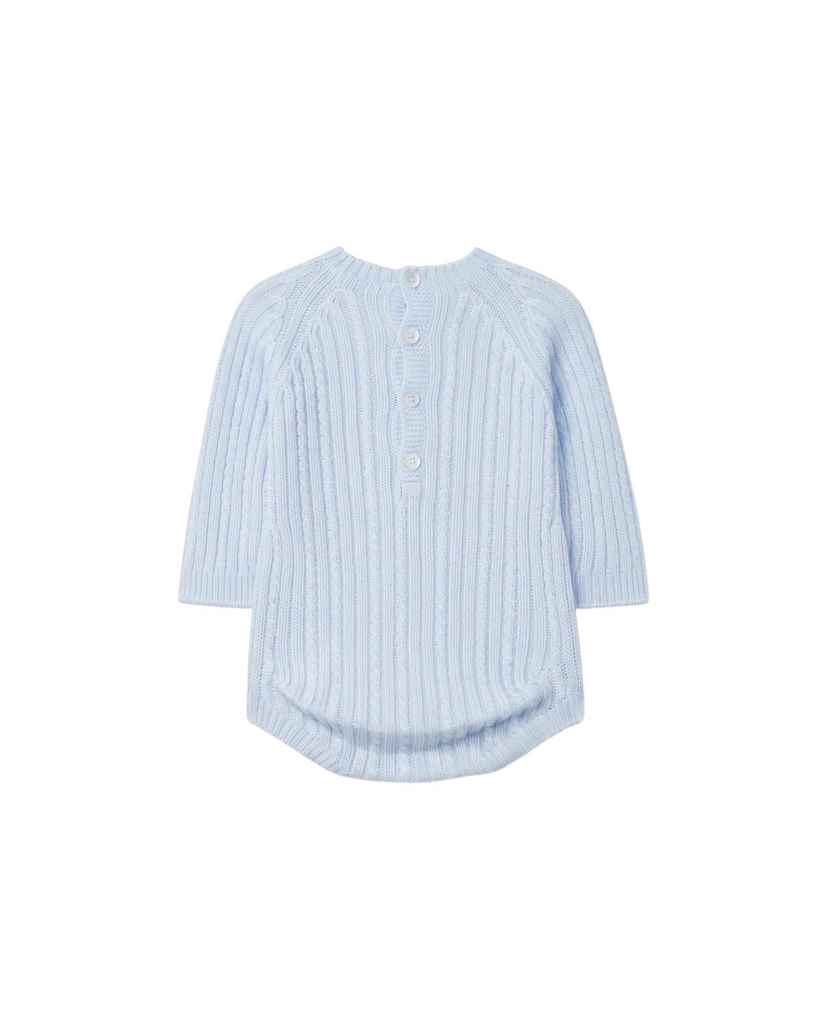 LilleLuxus Wedoble soft blue knitted wool baby romper with seamless Wholegarment construction and button detail.