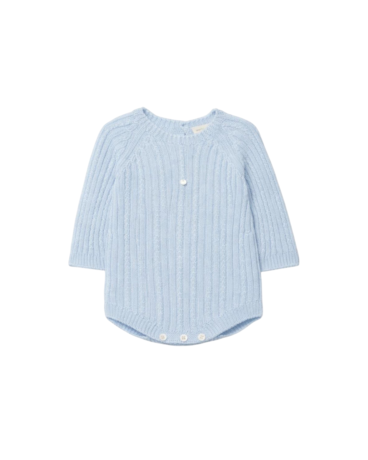 LilleLuxus Wedoble soft blue knitted wool baby romper with seamless Wholegarment design and button details