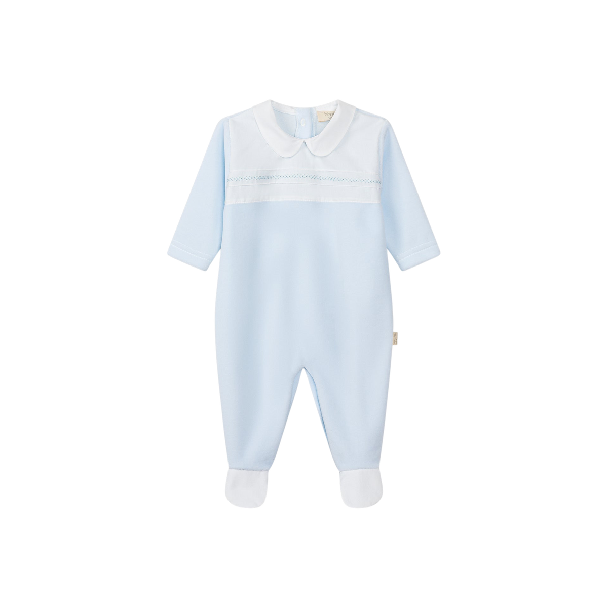 LilleLuxus baby blue cotton blend footed sleeper with a white Peter Pan collar and delicate smocked detailing.