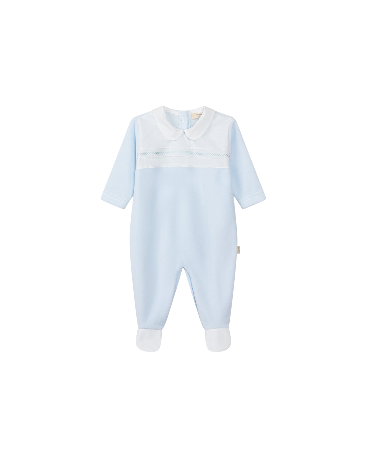 LilleLuxus baby blue cotton blend footed sleeper with a white Peter Pan collar and delicate smocked detailing.