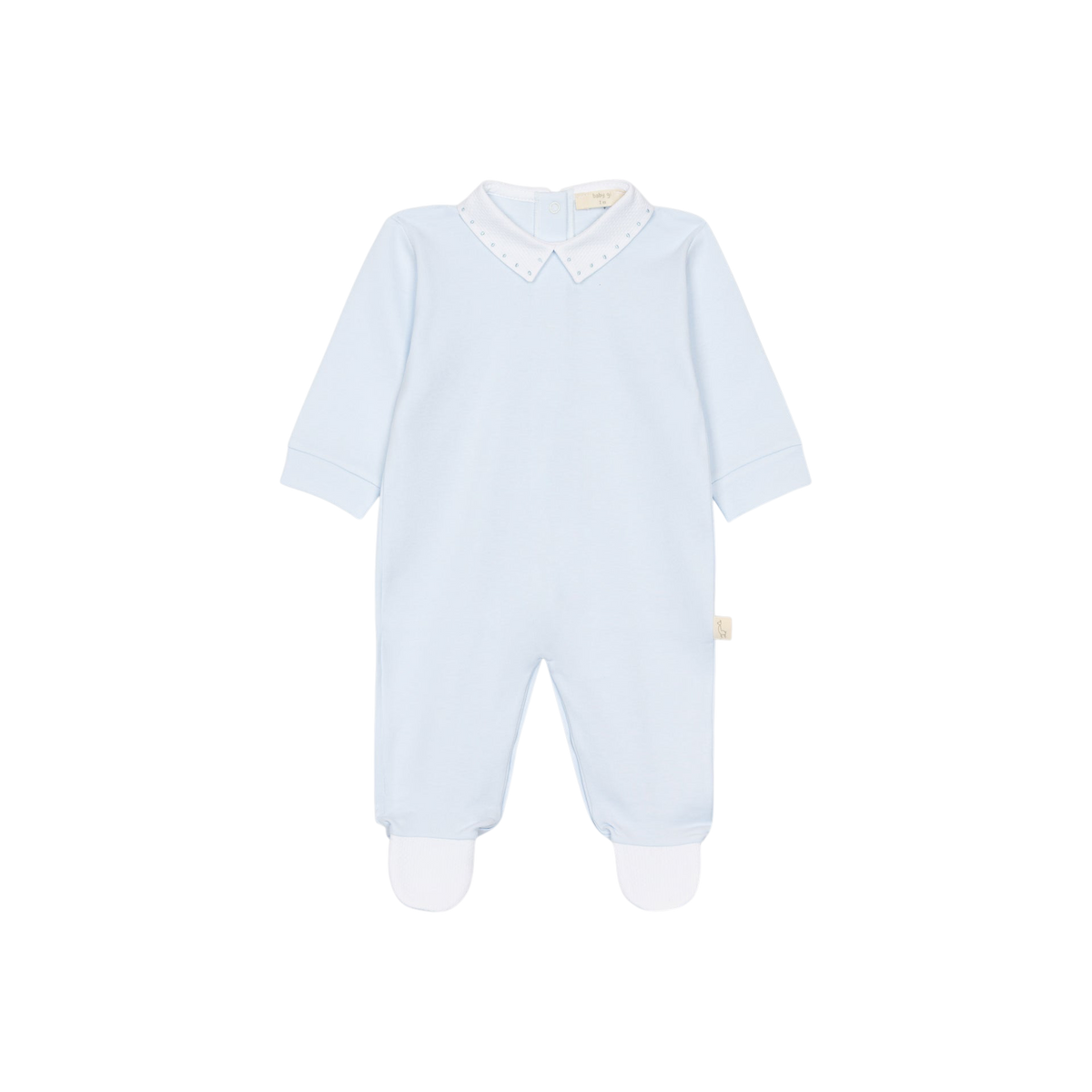 LilleLuxus Babygi light blue interlock cotton baby onesie with a white pique collar and footed design.