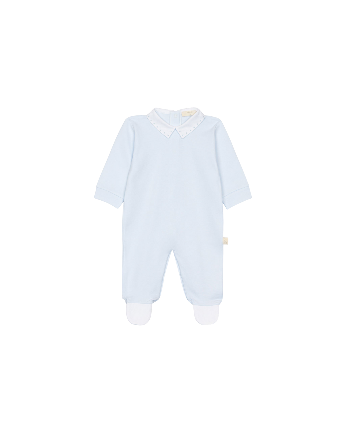 LilleLuxus Babygi light blue interlock cotton baby onesie with a white pique collar and footed design.