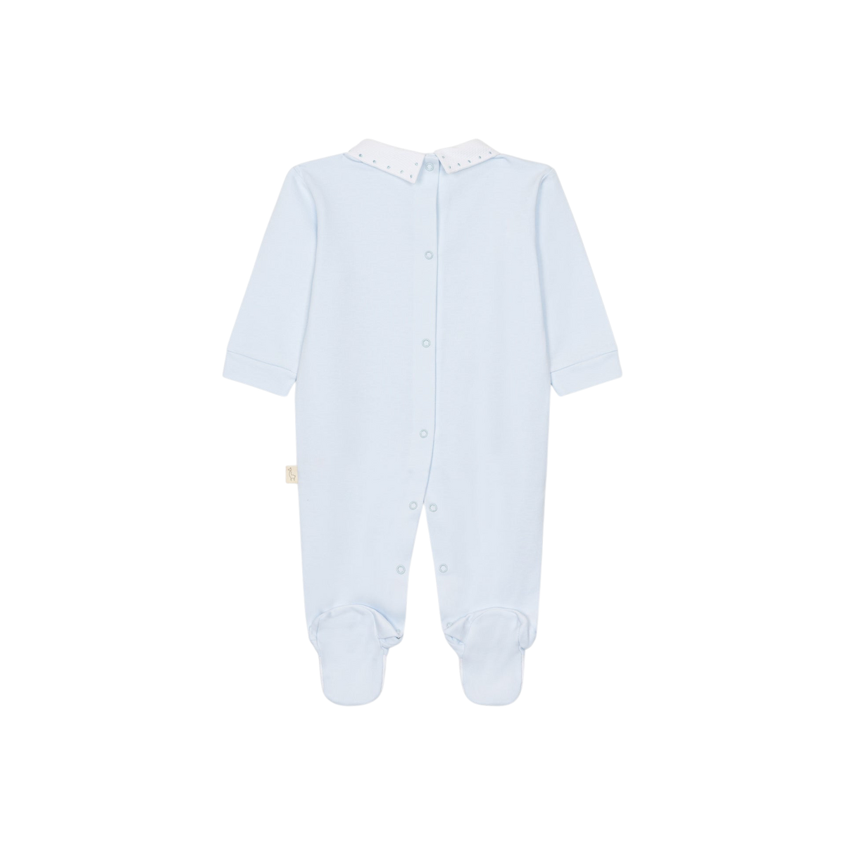 LilleLuxus Babygi light blue interlock cotton baby onesie with a white piqué collar and back snap button closure.