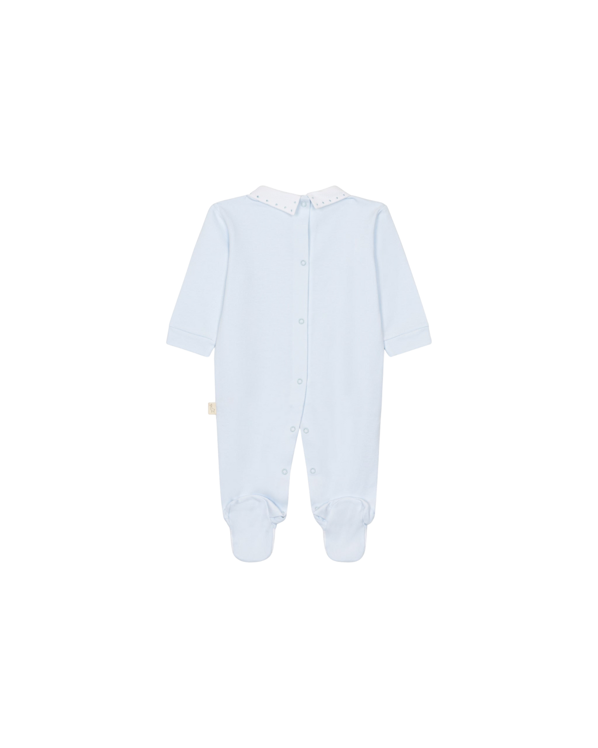 LilleLuxus Babygi light blue interlock cotton baby onesie with a white piqué collar and back snap button closure.