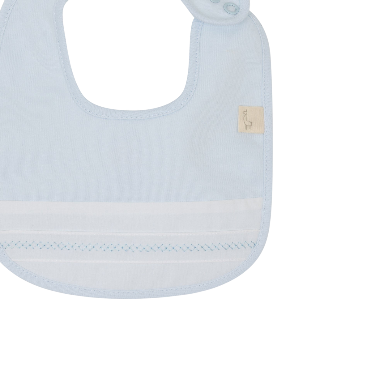 LilleLuxus Babygi light blue interlock cotton baby bib with white trim and delicate embroidered detail