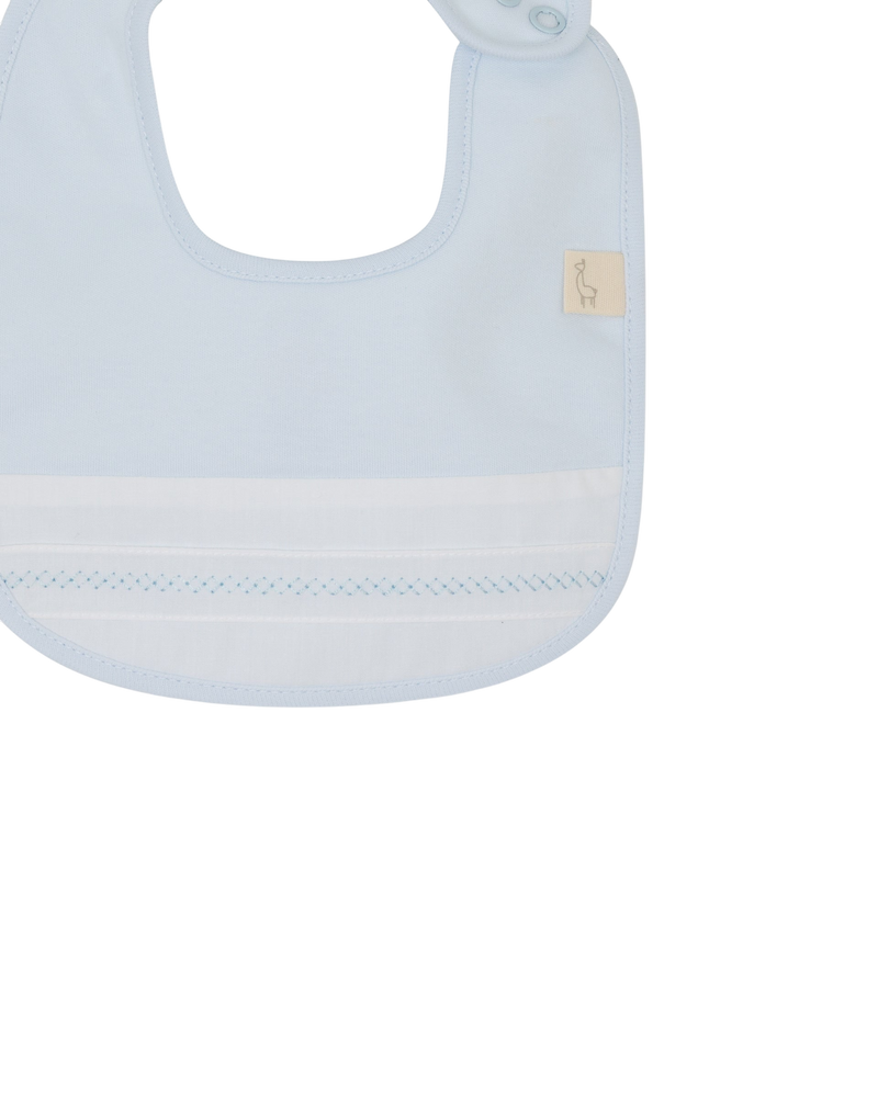 LilleLuxus Babygi light blue interlock cotton baby bib with white trim and delicate embroidered detail