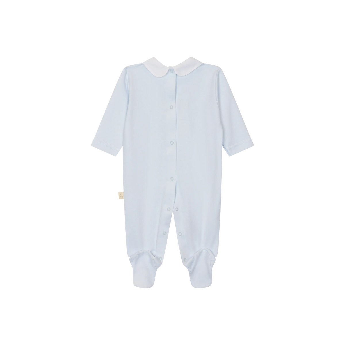 LilleLuxus Babygi Teddy & Me light blue interlock cotton baby onesie with a white Peter Pan collar and snap buttons.