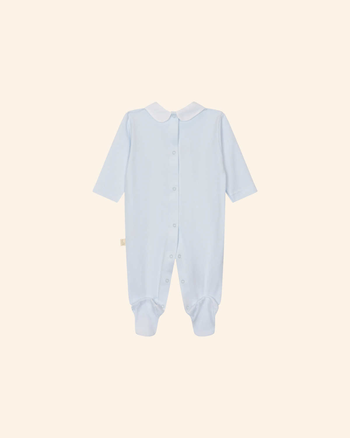 LilleLuxus Babygi Teddy & Me light blue interlock cotton baby onesie with a white Peter Pan collar and snap buttons.