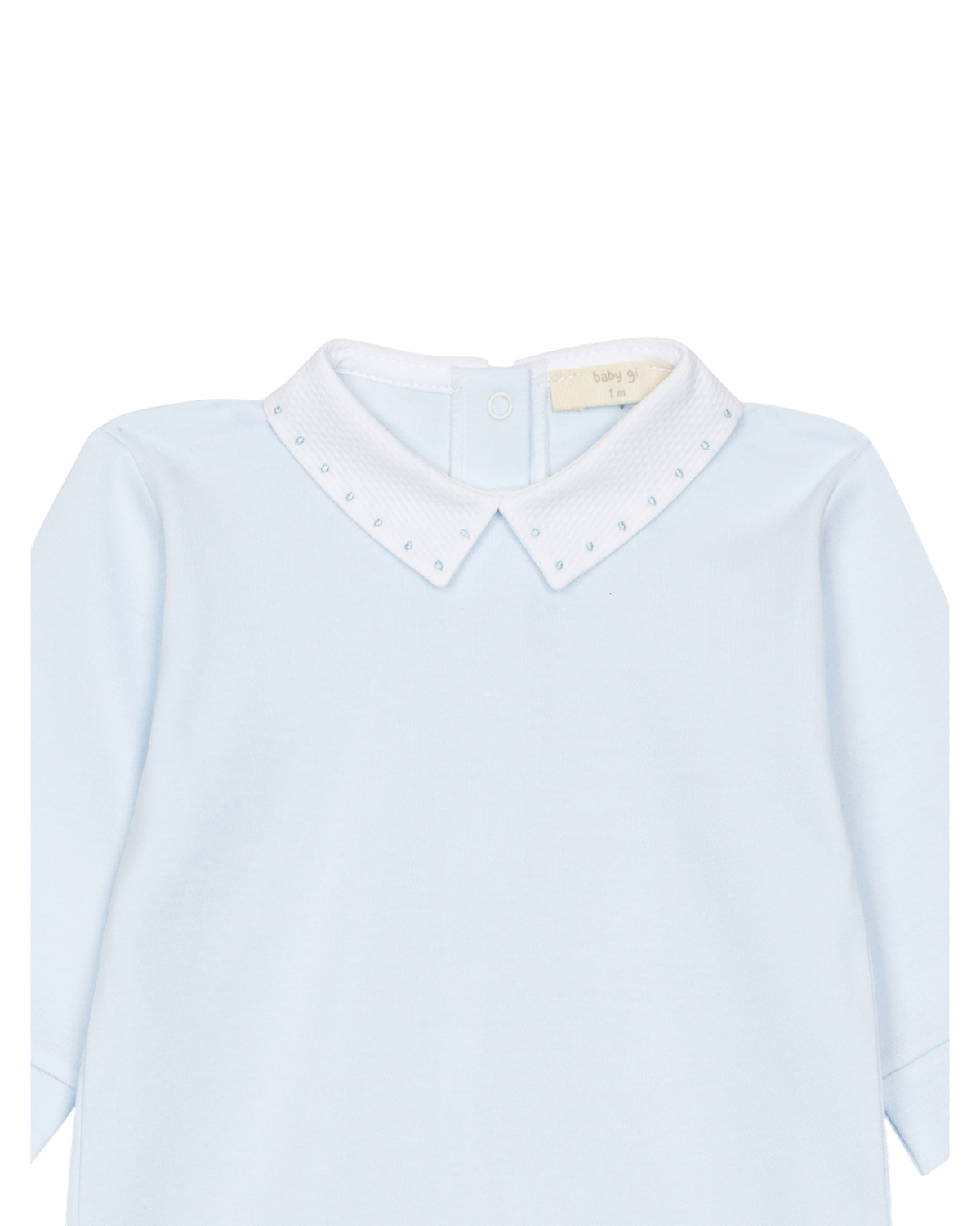LilleLuxus Babygi light blue interlock cotton baby onesie with a white textured piqué collar and snap button closure.