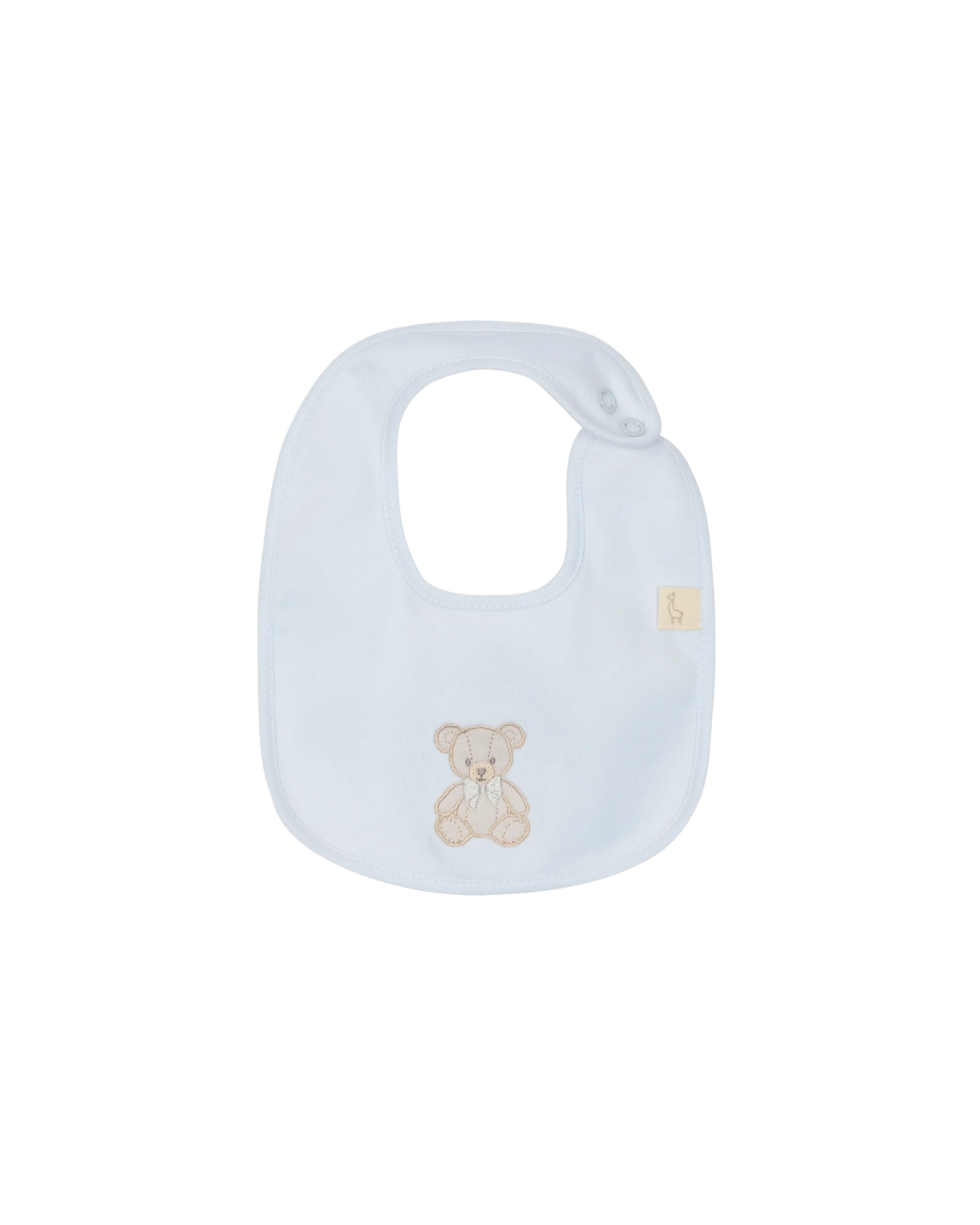 LilleLuxus Babygi Teddy & Me blue cotton baby bib with a cute embroidered teddy bear motif and side snap closure.