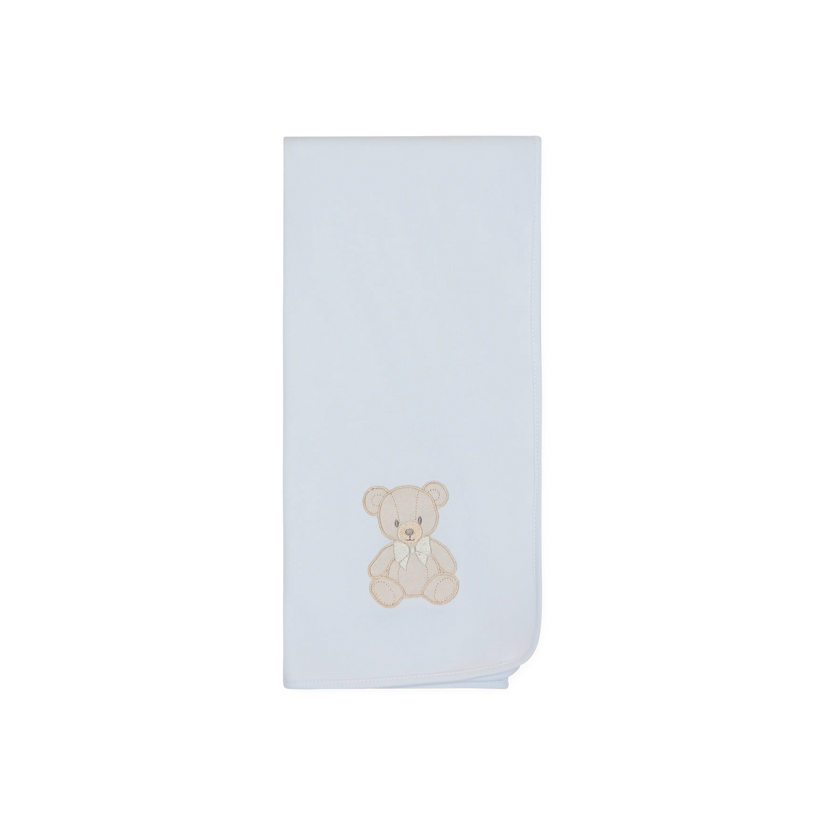 LilleLuxus Babygi Teddy & Me blue cotton baby blanket featuring a cute embroidered teddy bear motif