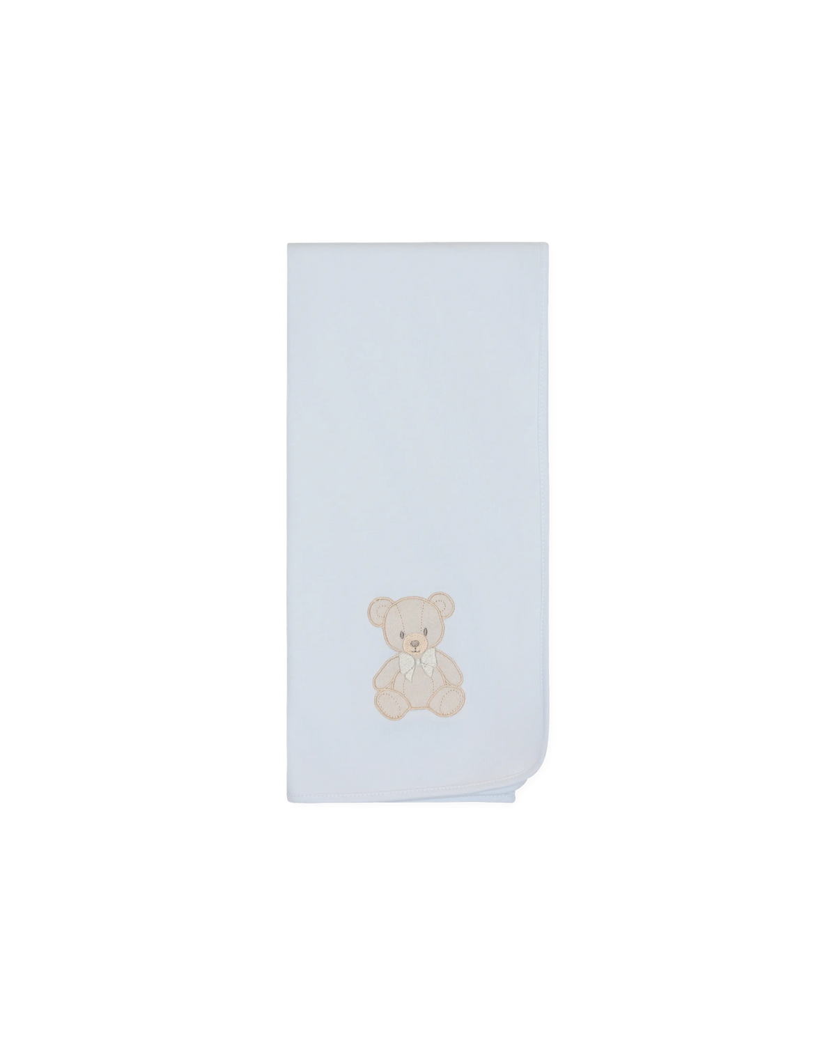 LilleLuxus Babygi Teddy & Me blue cotton baby blanket featuring a cute embroidered teddy bear motif