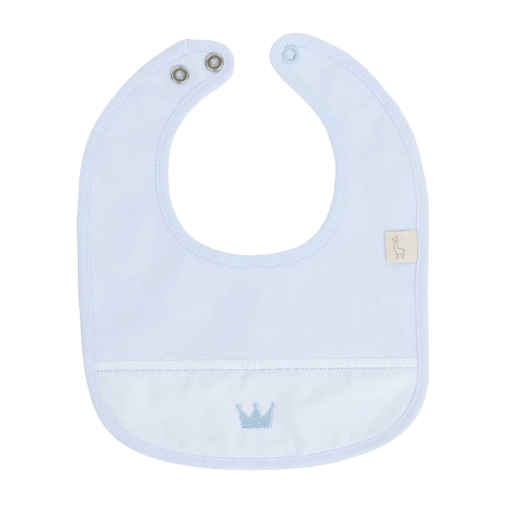 LilleLuxus Babygi Little Royals baby bib in soft light blue cotton with an embroidered crown detail and snap closure.