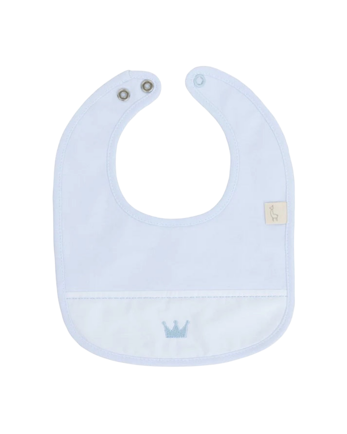 LilleLuxus Babygi Little Royals baby bib in soft light blue cotton with an embroidered crown detail and snap closure.
