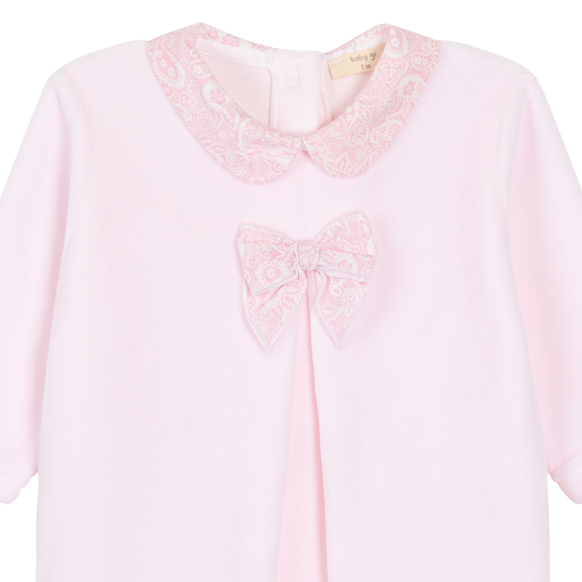 LilleLuxus Babygi Pixie Grove pink cotton blend baby onesie with a patterned Peter Pan collar and bow detail