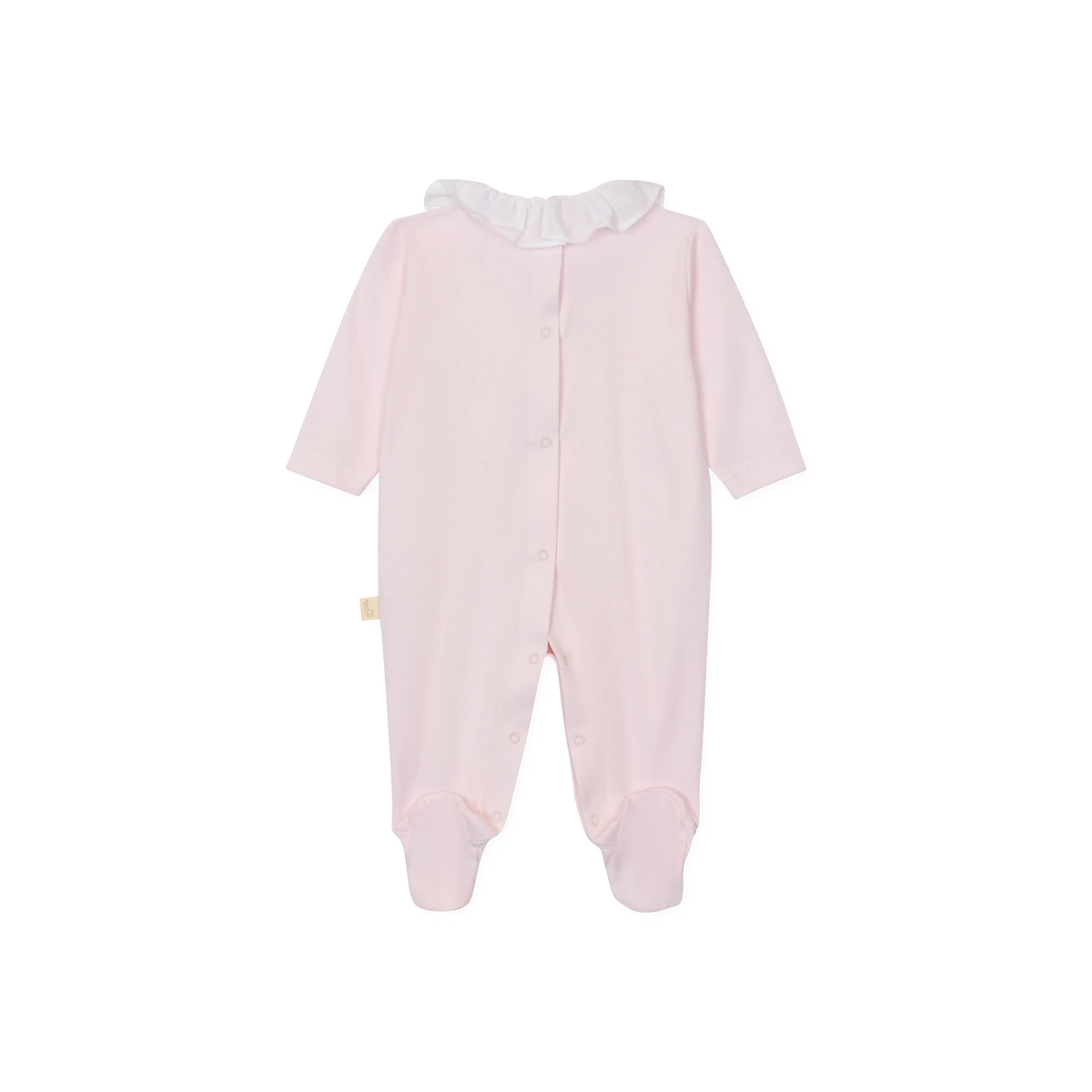 LilleLuxus Babygi Teddy & Me pink interlock cotton baby onesie with a white ruffled collar and snap button closure
