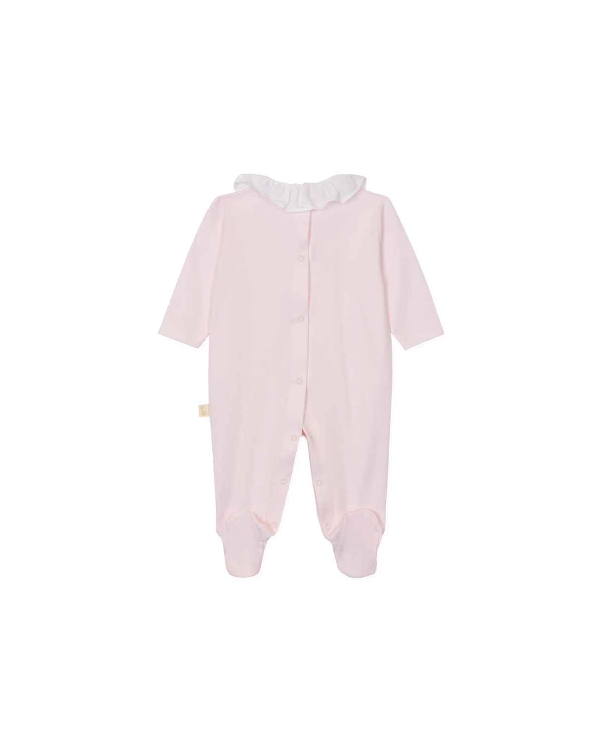 LilleLuxus Babygi Teddy & Me pink interlock cotton baby onesie with a white ruffled collar and snap button closure