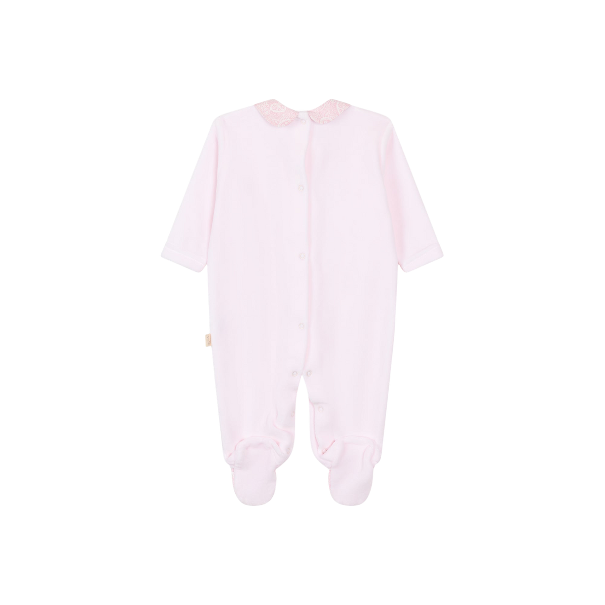 LilleLuxus Babygi Pixie Grove pink cotton blend baby footed sleeper with a delicate patterned collar and back snaps