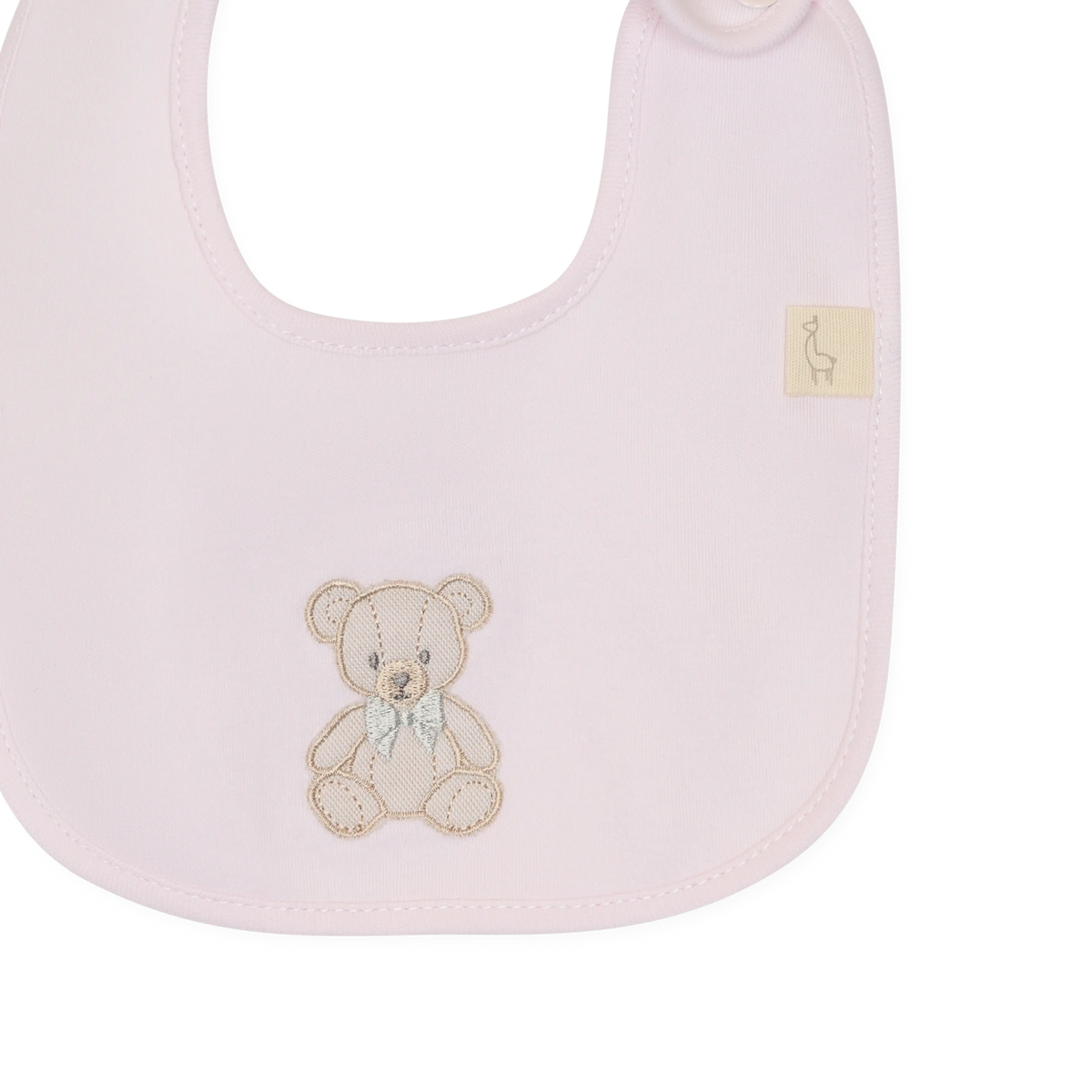 LilleLuxus Babygi Teddy & Me soft pink cotton baby bib featuring an embroidered teddy bear motif.
