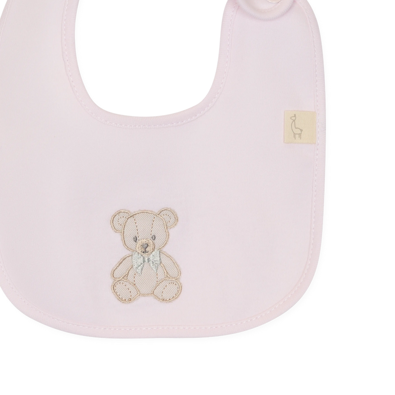 LilleLuxus Babygi Teddy & Me soft pink cotton baby bib featuring an embroidered teddy bear motif.