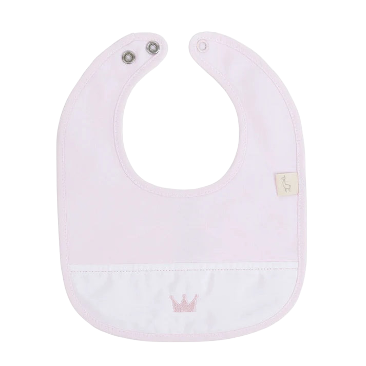 LilleLuxus Babygi Little Royals light pink cotton baby bib with a small crown embroidery and snap button closure.