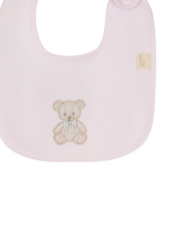LilleLuxus Babygi Teddy & Me soft pink cotton baby bib featuring an embroidered teddy bear motif.