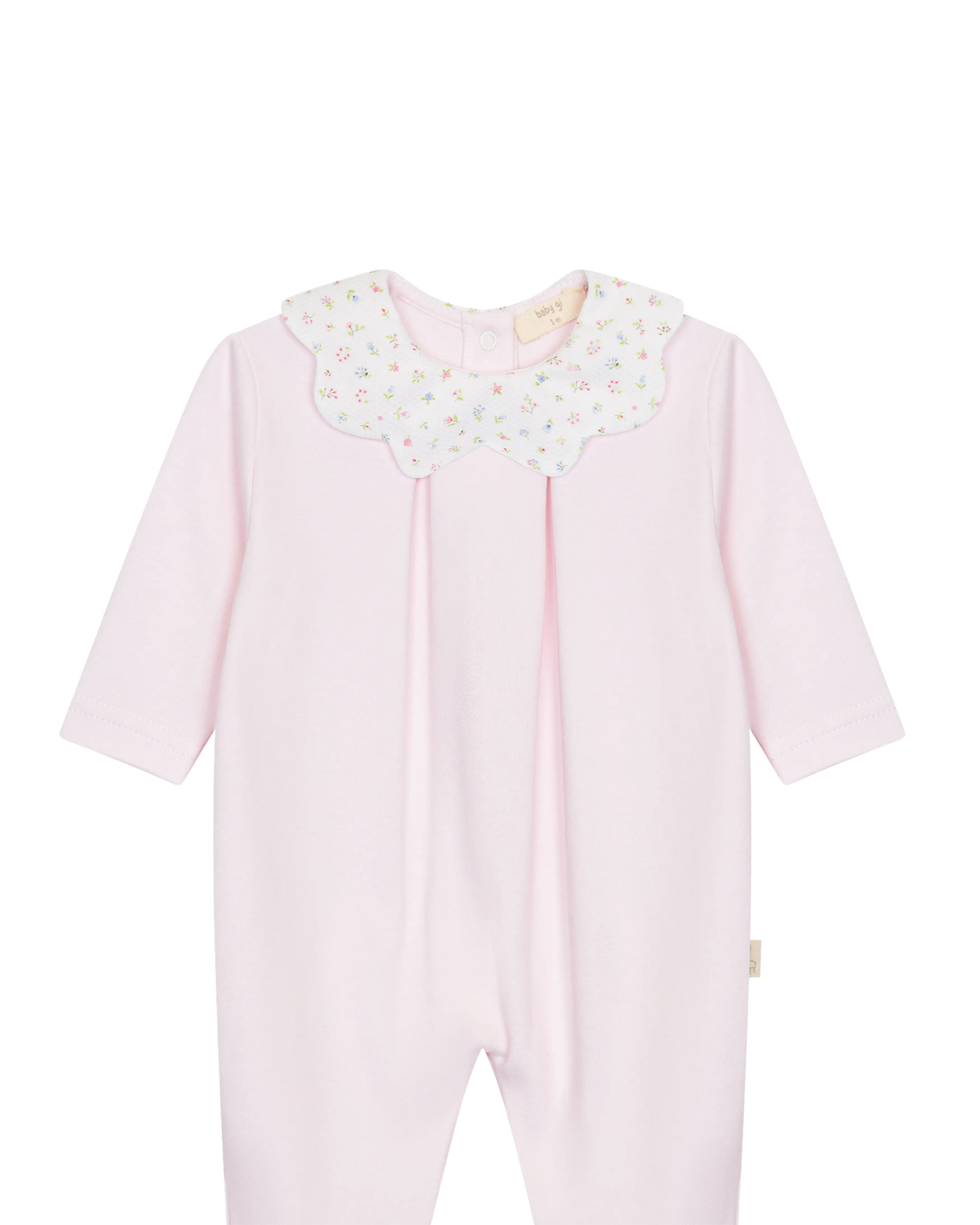 LilleLuxus Babygi pink interlock cotton baby romper with a floral scalloped collar and long sleeves.