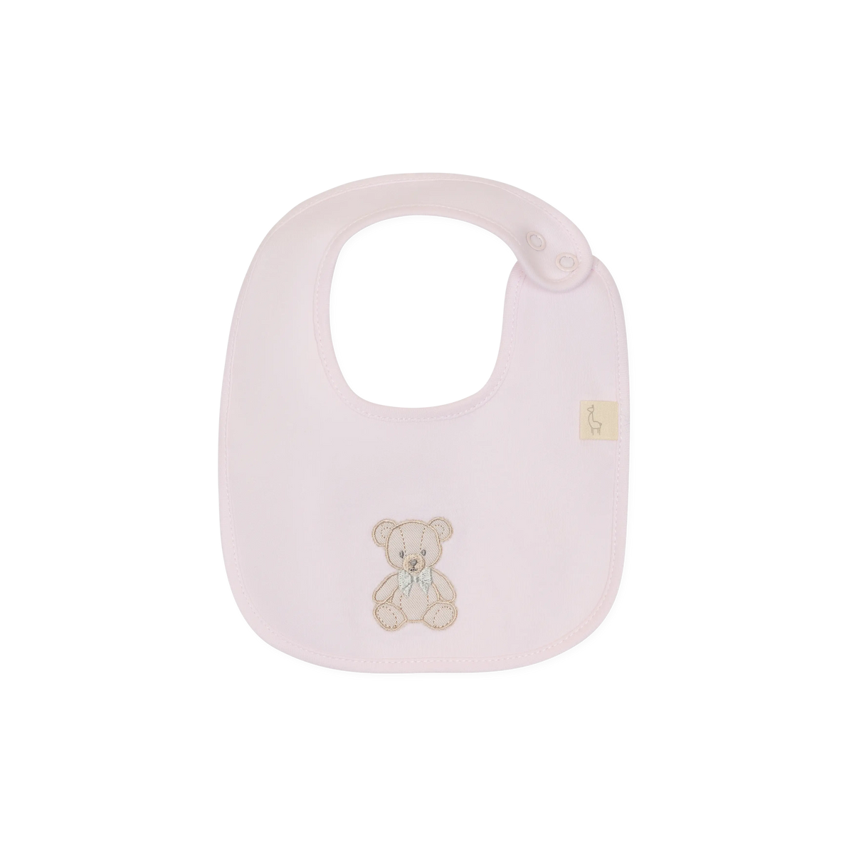 LilleLuxus Babygi Teddy & Me soft pink cotton baby bib with a cute teddy bear motif and snap button closure