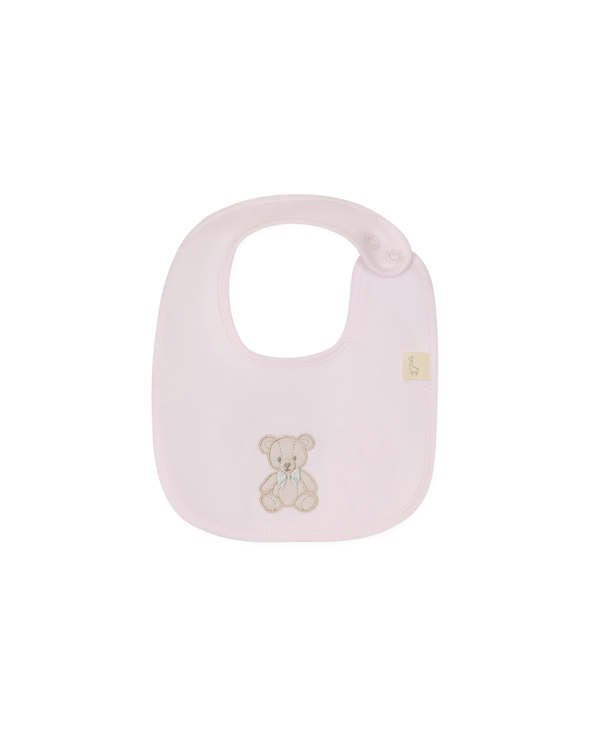 LilleLuxus Babygi Teddy & Me soft pink cotton baby bib with a cute teddy bear motif and snap button closure