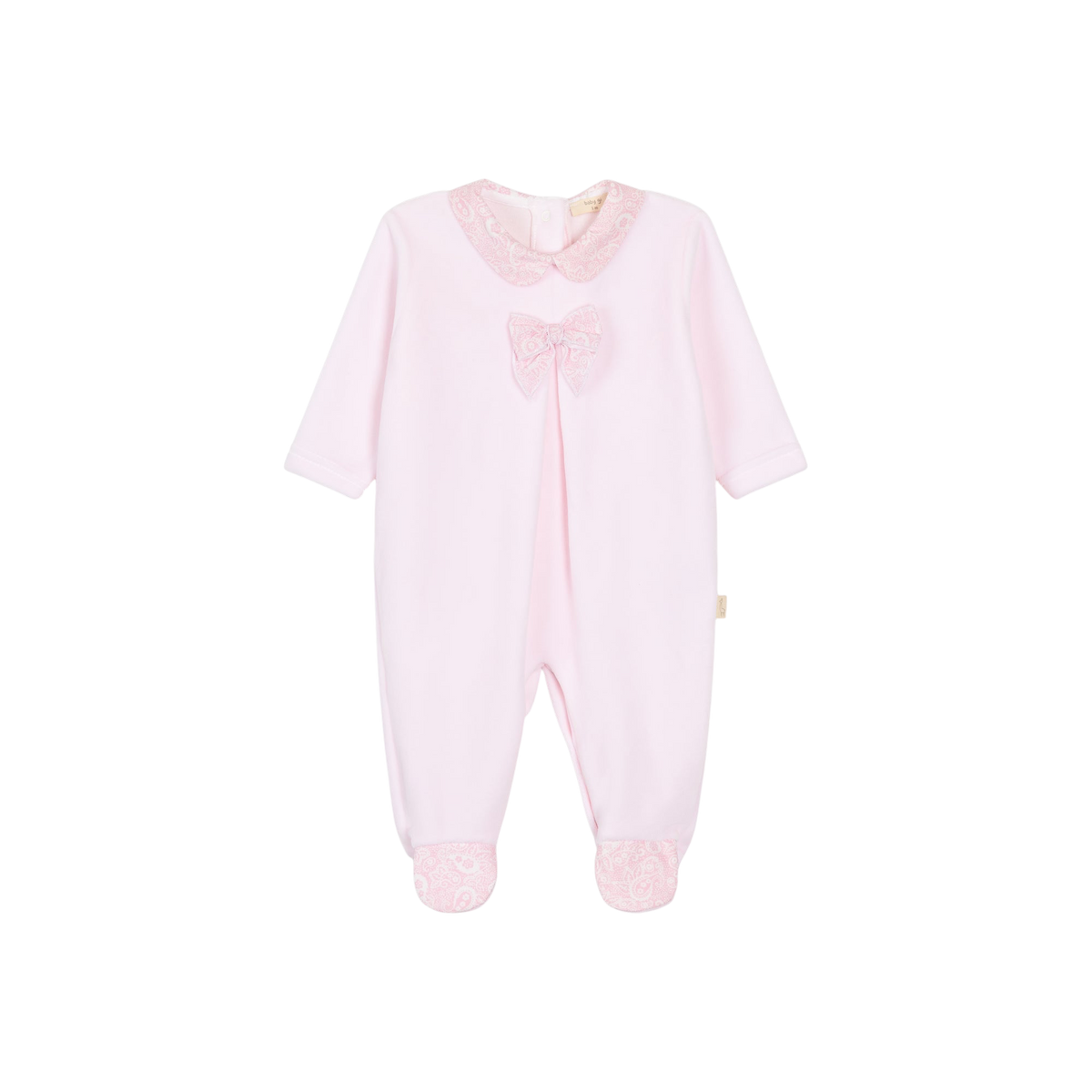 LilleLuxus Babygi Pixie Grove pink baby footed sleeper in soft cotton blend with lace collar and bow detail
