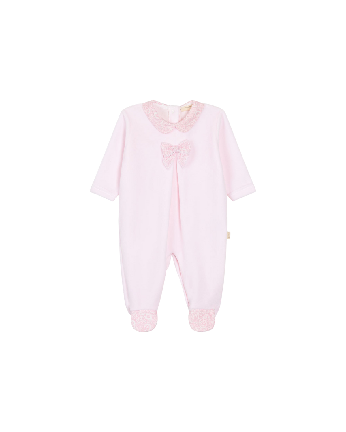 LilleLuxus Babygi Pixie Grove pink baby footed sleeper in soft cotton blend with lace collar and bow detail