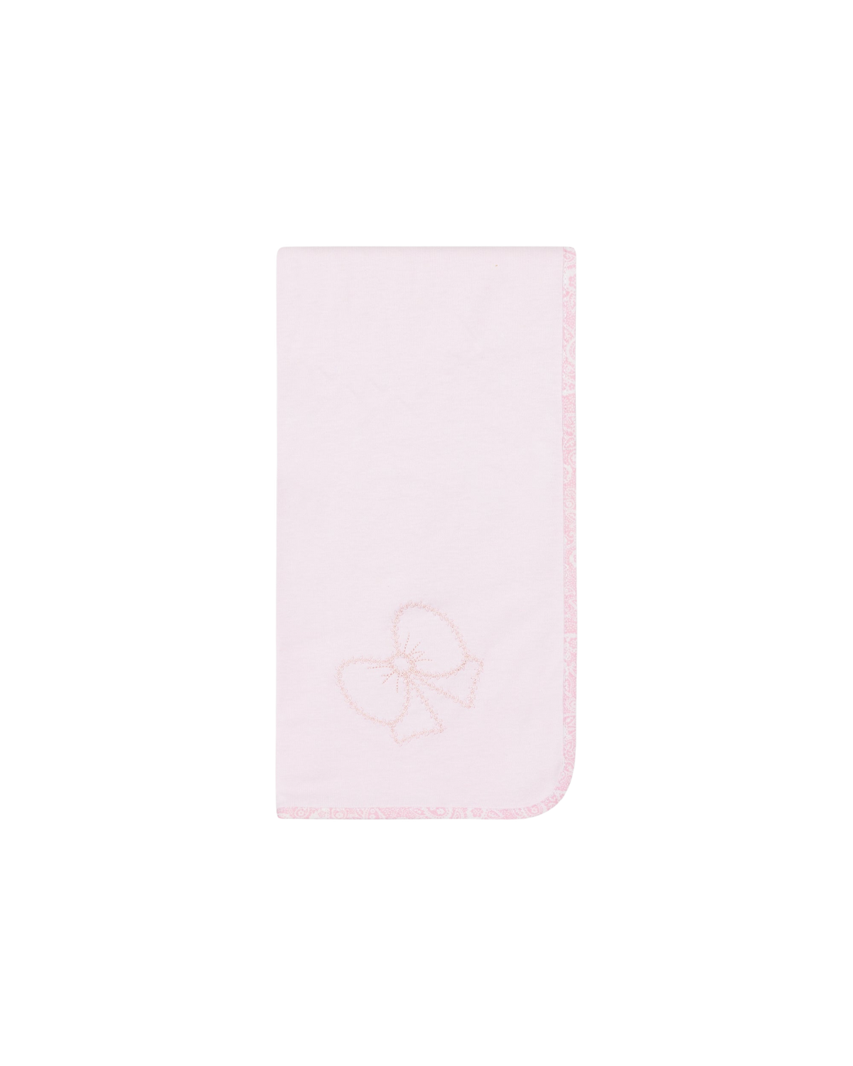 LilleLuxus Babygi Pixie Grove pink interlock cotton baby blanket with delicate bow embroidery and patterned trim