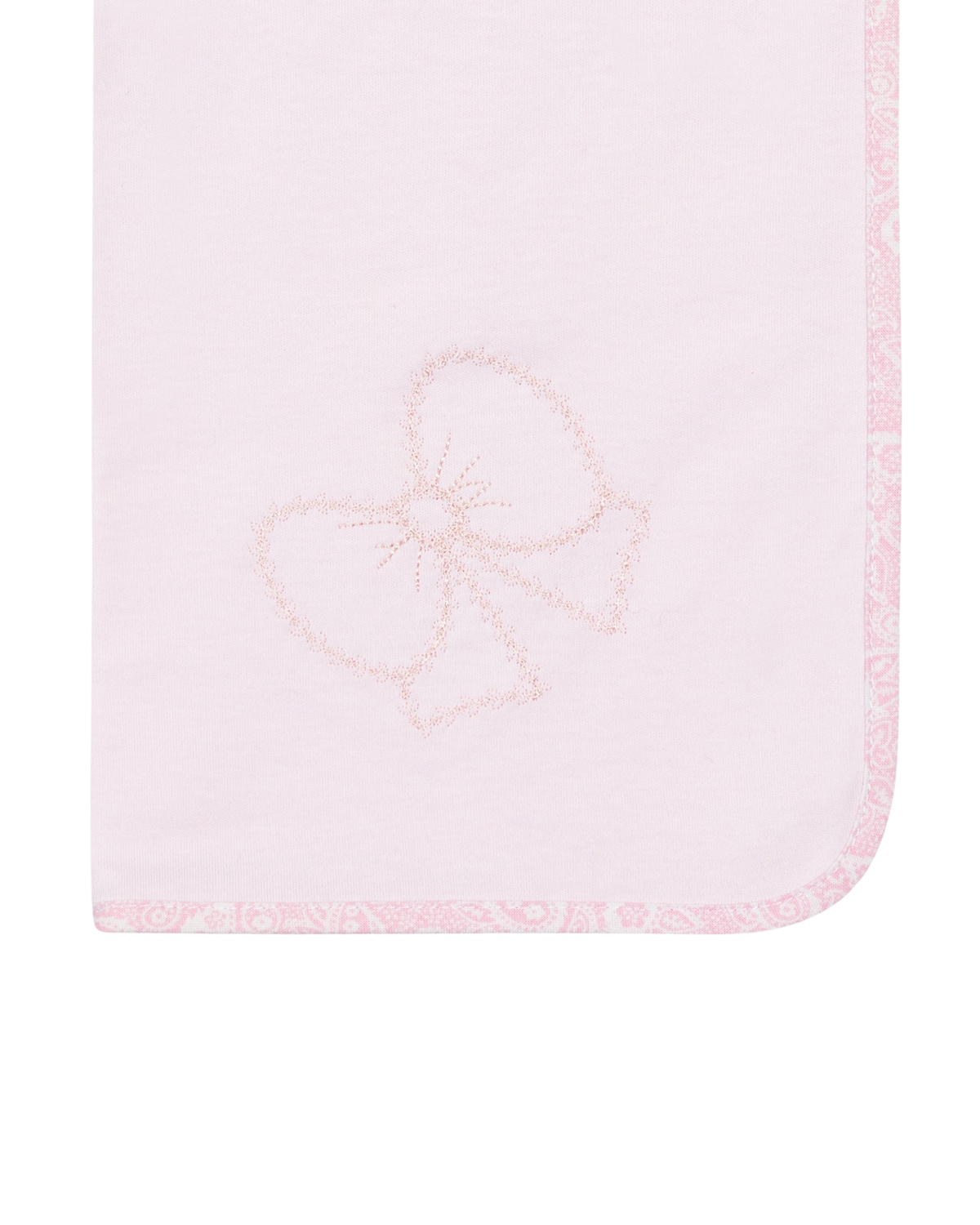 LilleLuxus Babygi Pixie Grove pink interlock cotton baby blanket with delicate bow embroidery and patterned trim
