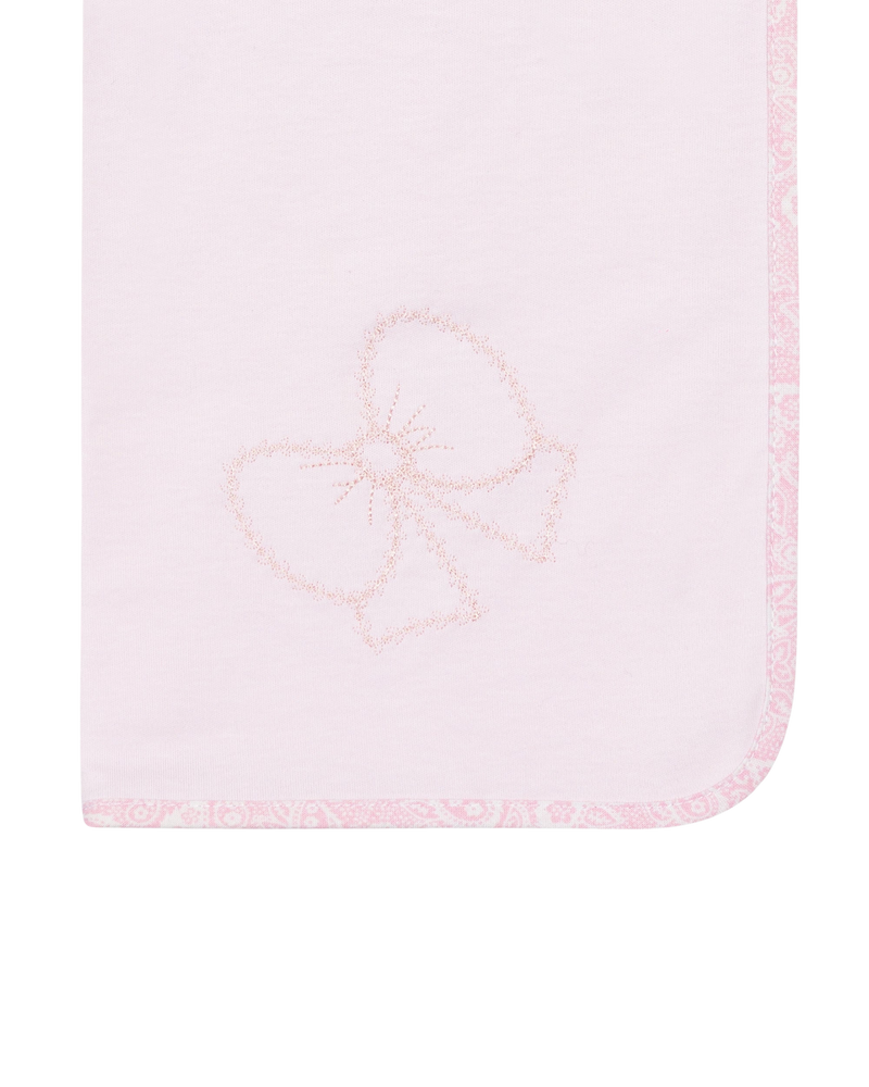 LilleLuxus Babygi Pixie Grove pink interlock cotton baby blanket with delicate bow embroidery and patterned trim