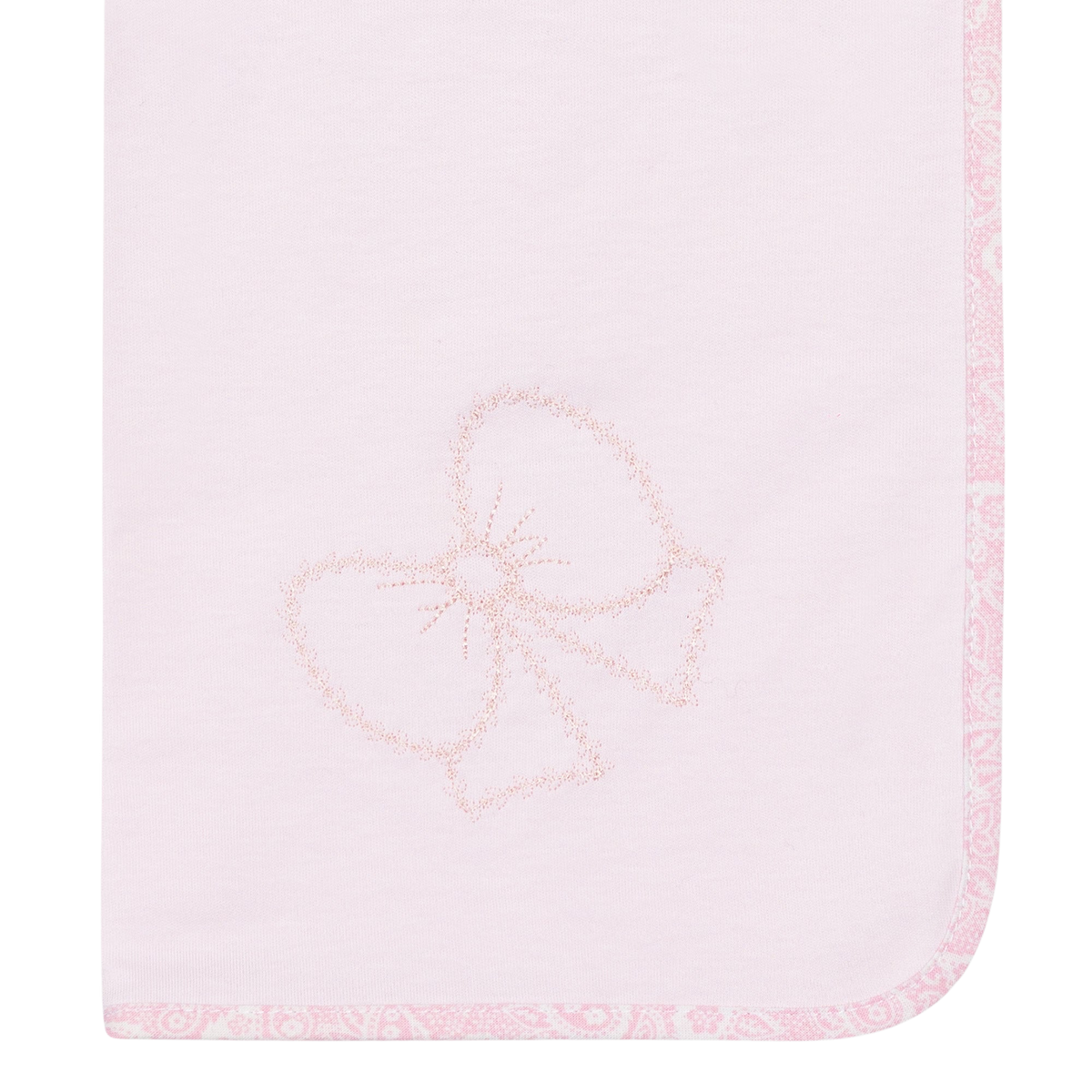 LilleLuxus Babygi Pixie Grove pink interlock cotton baby blanket with delicate bow embroidery and patterned trim