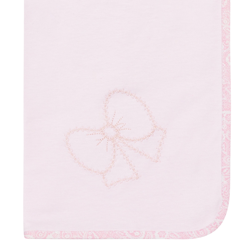 LilleLuxus Babygi Pixie Grove pink interlock cotton baby blanket with delicate bow embroidery and patterned trim