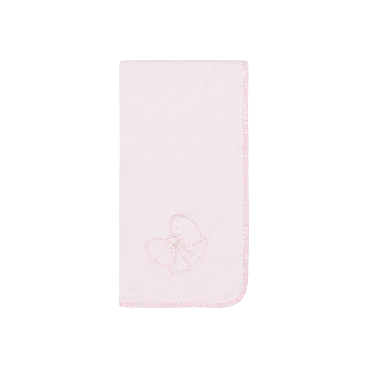 LilleLuxus Babygi Pixie Grove pink interlock cotton baby blanket with delicate bow embroidery and patterned trim