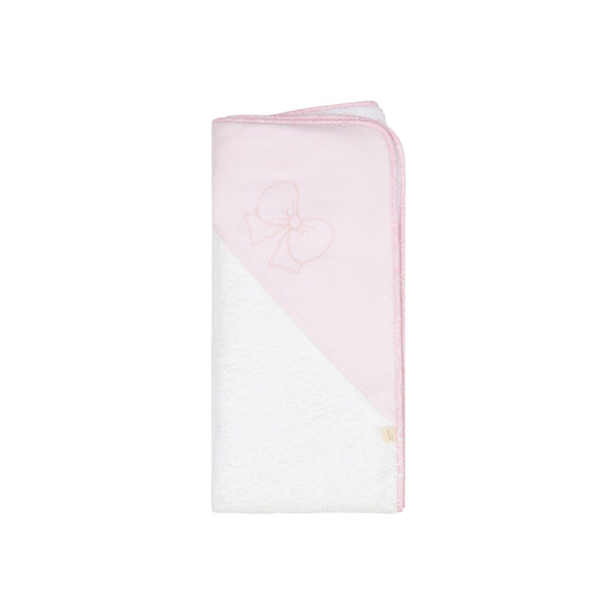 LilleLuxus Babygi Pixie Grove baby hooded towel in white cotton terry with a pink trim and embroidered bow detail.