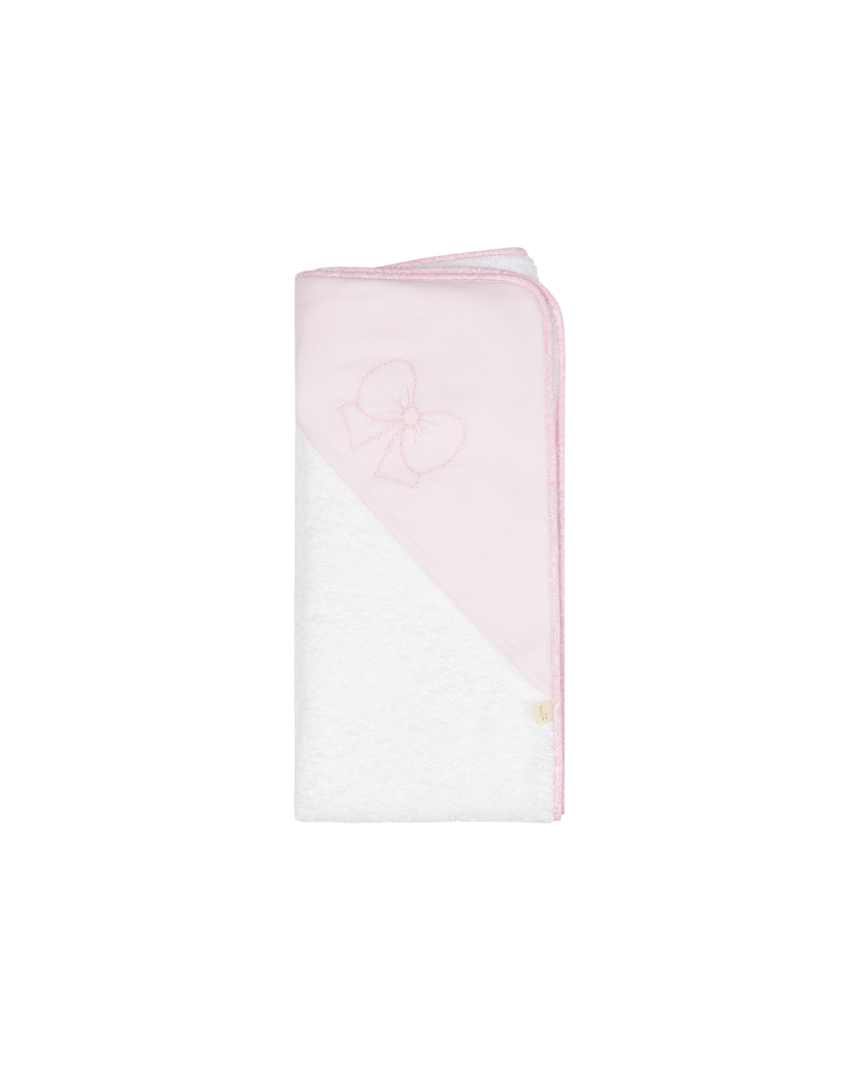 LilleLuxus Babygi Pixie Grove baby hooded towel in white cotton terry with a pink trim and embroidered bow detail.