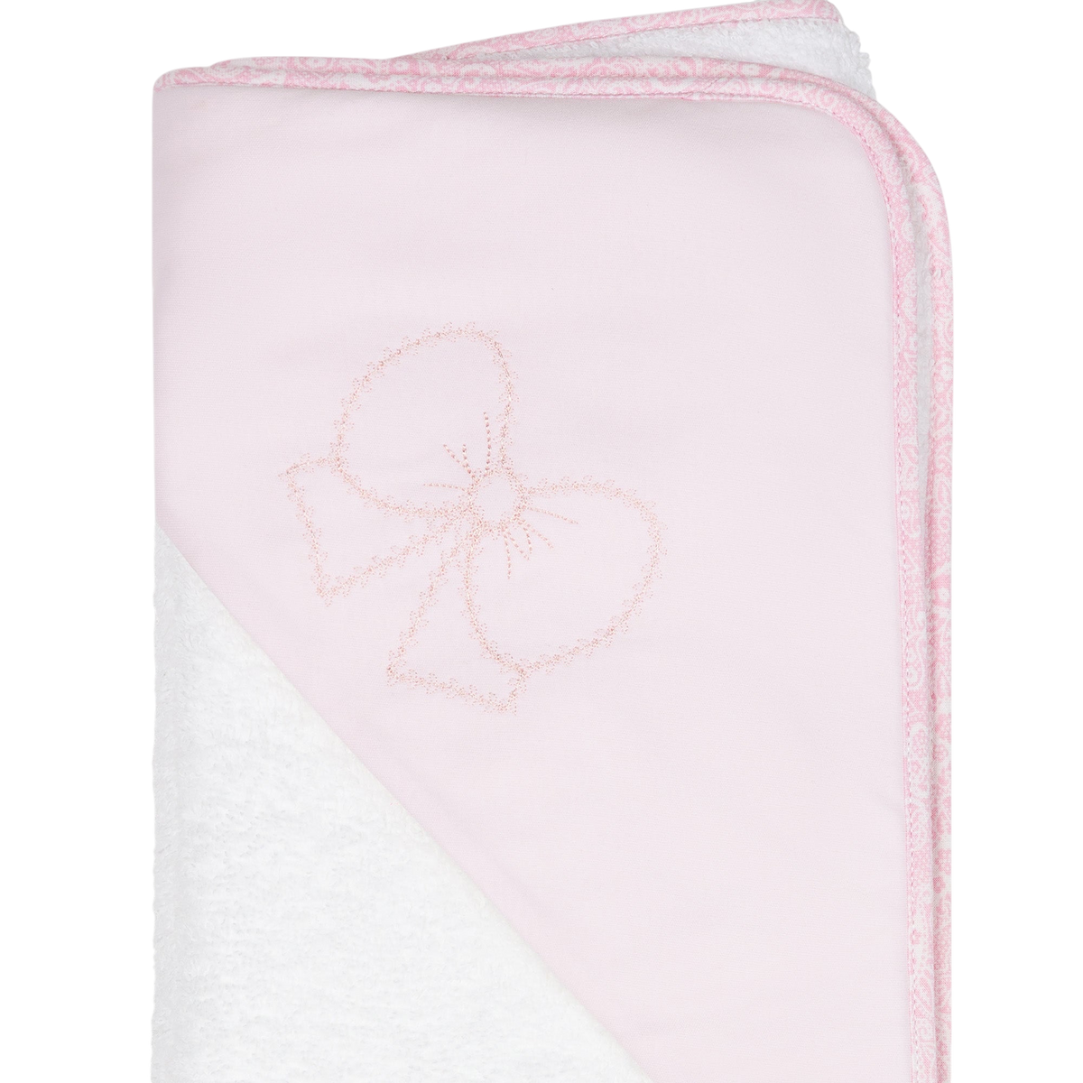 LilleLuxus Babygi Pixie Grove hooded baby towel in soft pink cotton terry with a delicate embroidered bow detail.
