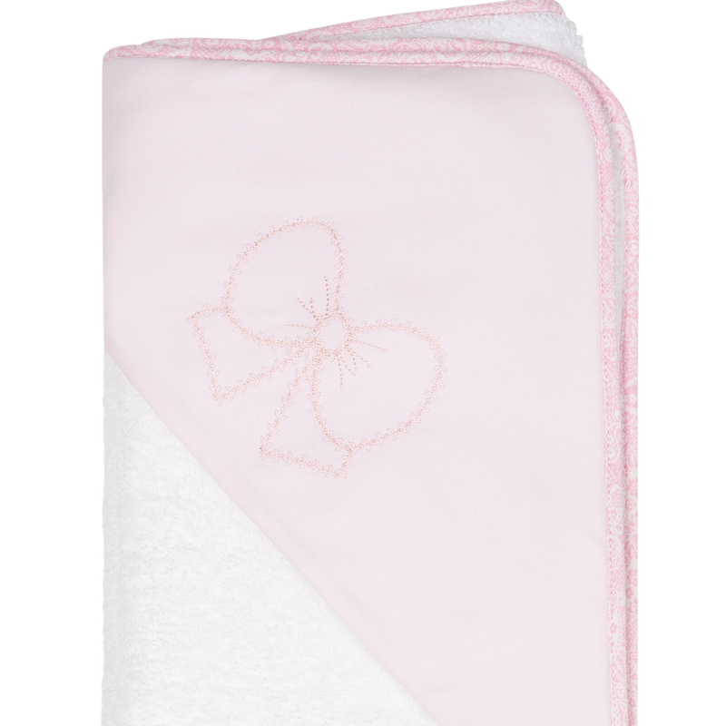 LilleLuxus Babygi Pixie Grove hooded baby towel in soft pink cotton terry with a delicate embroidered bow detail.