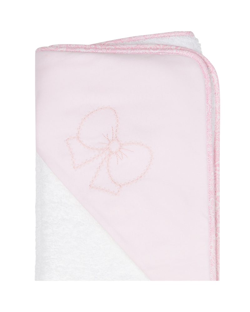 LilleLuxus Babygi Pixie Grove hooded baby towel in soft pink cotton terry with a delicate embroidered bow detail.