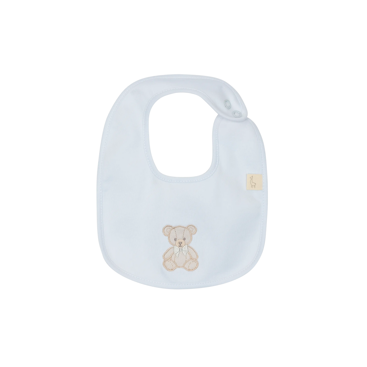 LilleLuxus Babygi Teddy & Me baby bib in soft light blue cotton with a cute embroidered teddy bear motif