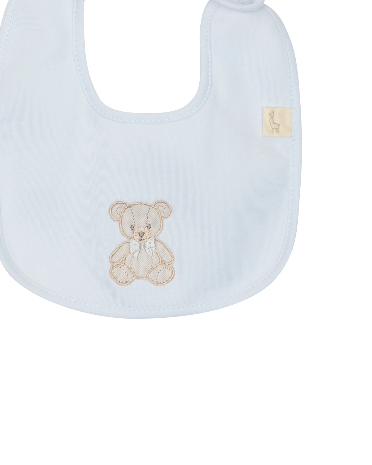 LilleLuxus Babygi Teddy & Me baby bib in soft light blue cotton with an embroidered teddy bear motif.