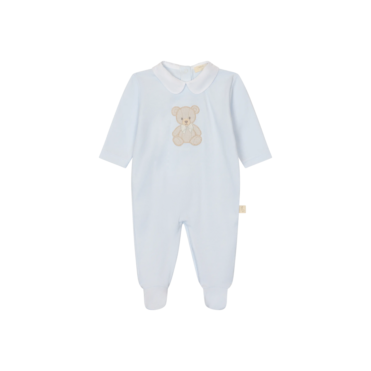 LilleLuxus Babygi Teddy & Me light blue cotton baby onesie with a cute teddy bear motif and a classic Peter Pan collar