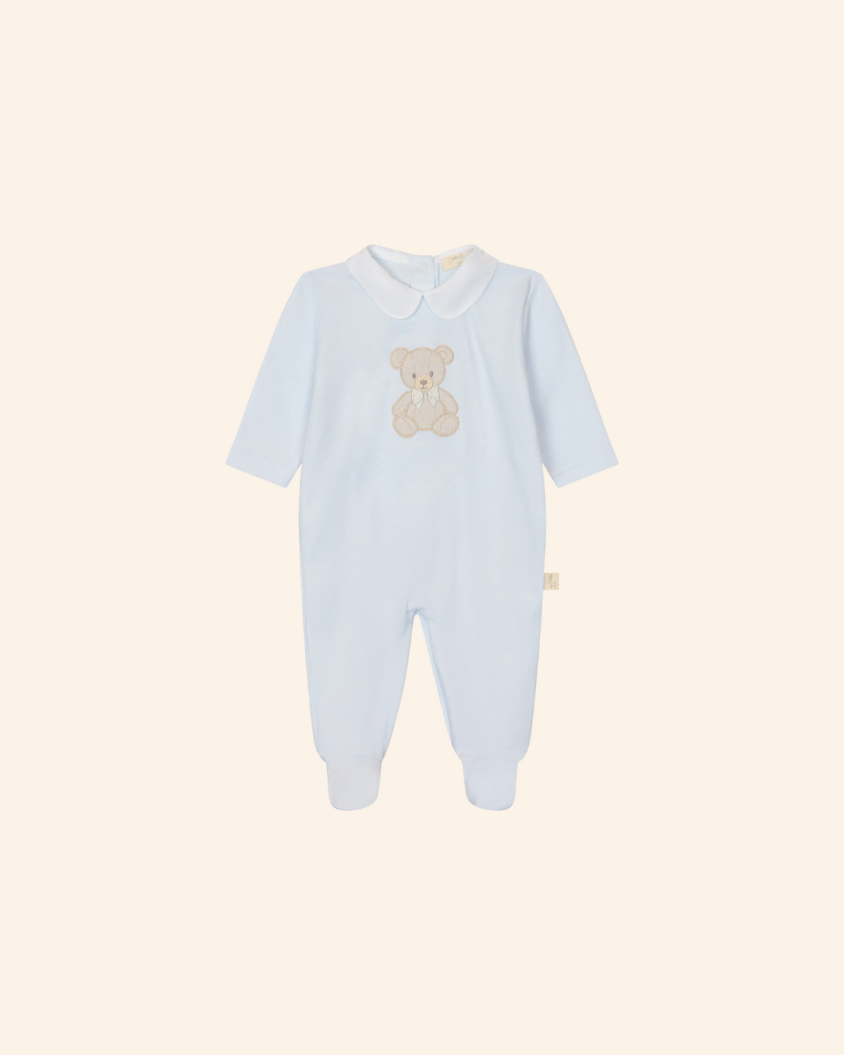 LilleLuxus Babygi Teddy & Me light blue cotton baby onesie with a cute teddy bear motif and a classic Peter Pan collar
