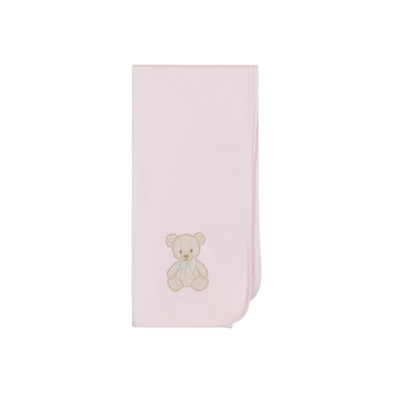 LilleLuxus Babygi Teddy & Me soft pink cotton baby blanket with an embroidered teddy bear motif