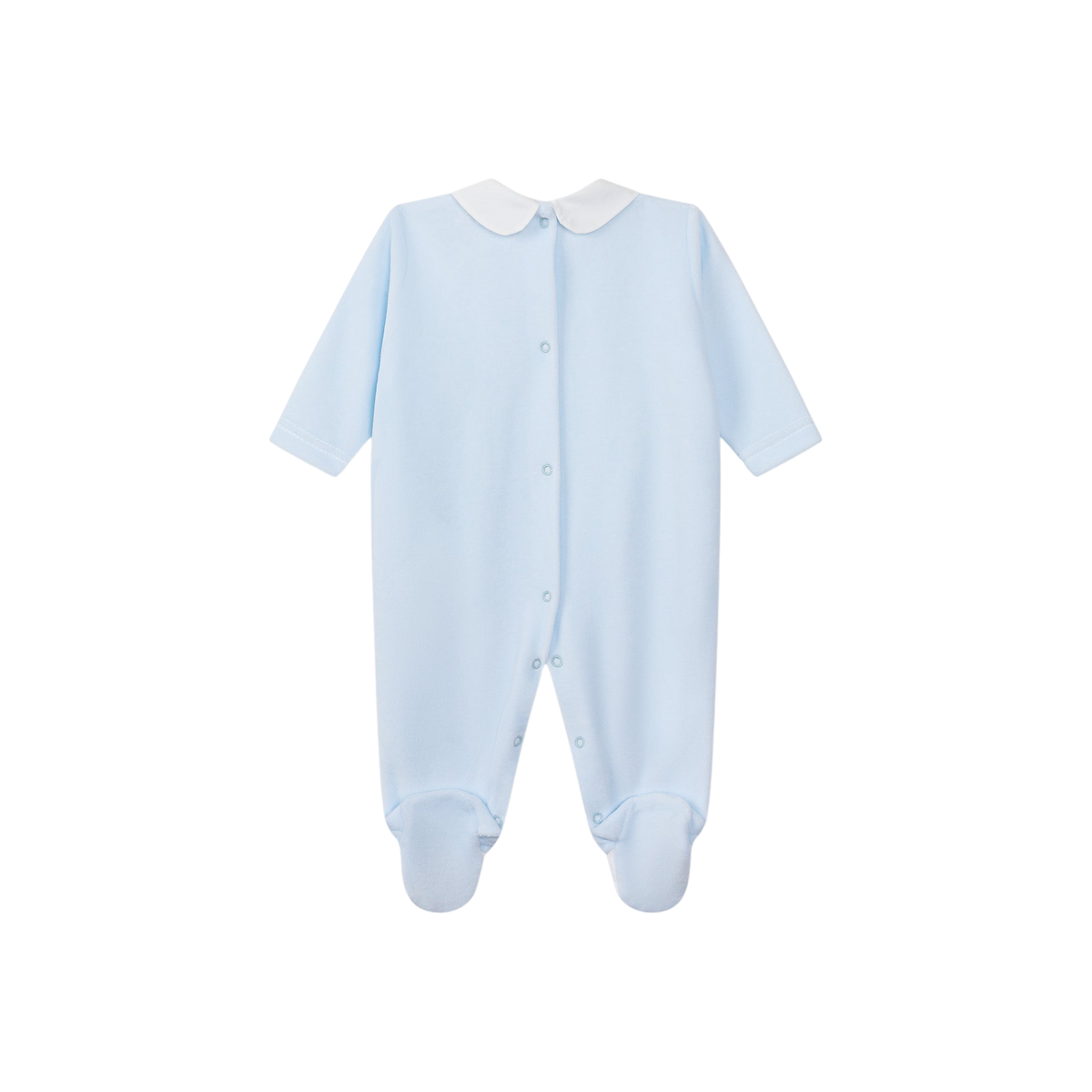 LilleLuxus baby blue cotton blend footed sleeper with a white peter pan collar and front snap button closure